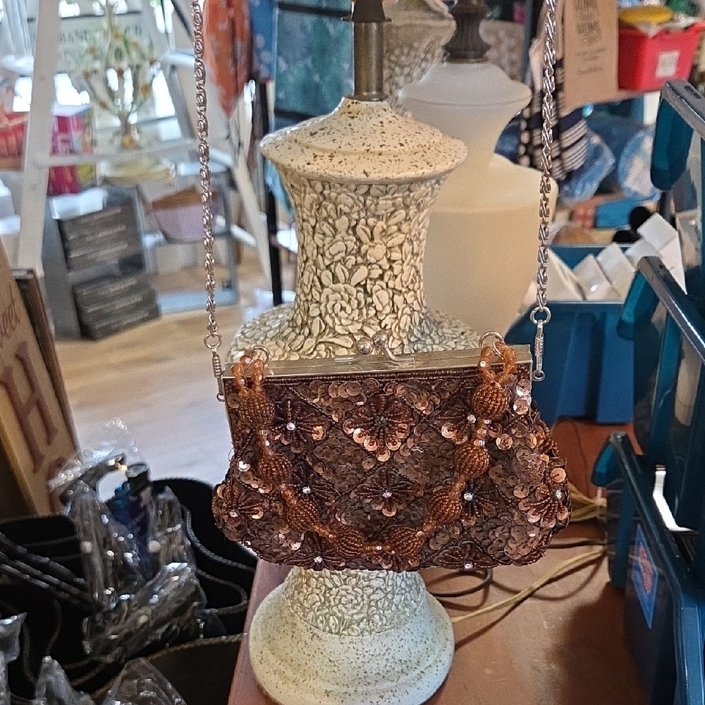 Elegant Brown Beaded Shoulder Bag